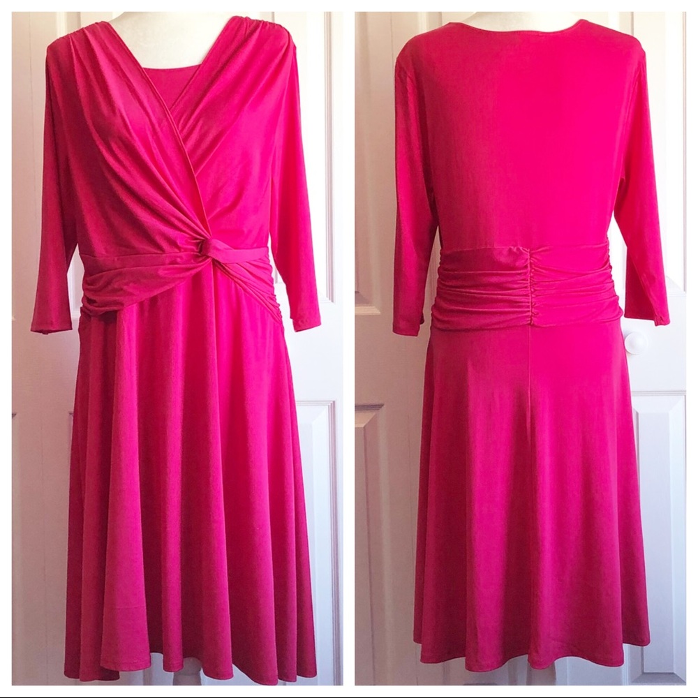 Vintage Vicki Wayne Hot Pink Stretch Ruched 3/4 Sleeve Midi Dress 10P